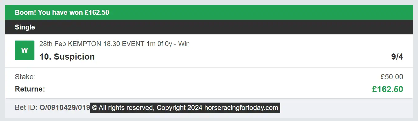 Horse Racing For Today - Winner - 2024-02-28